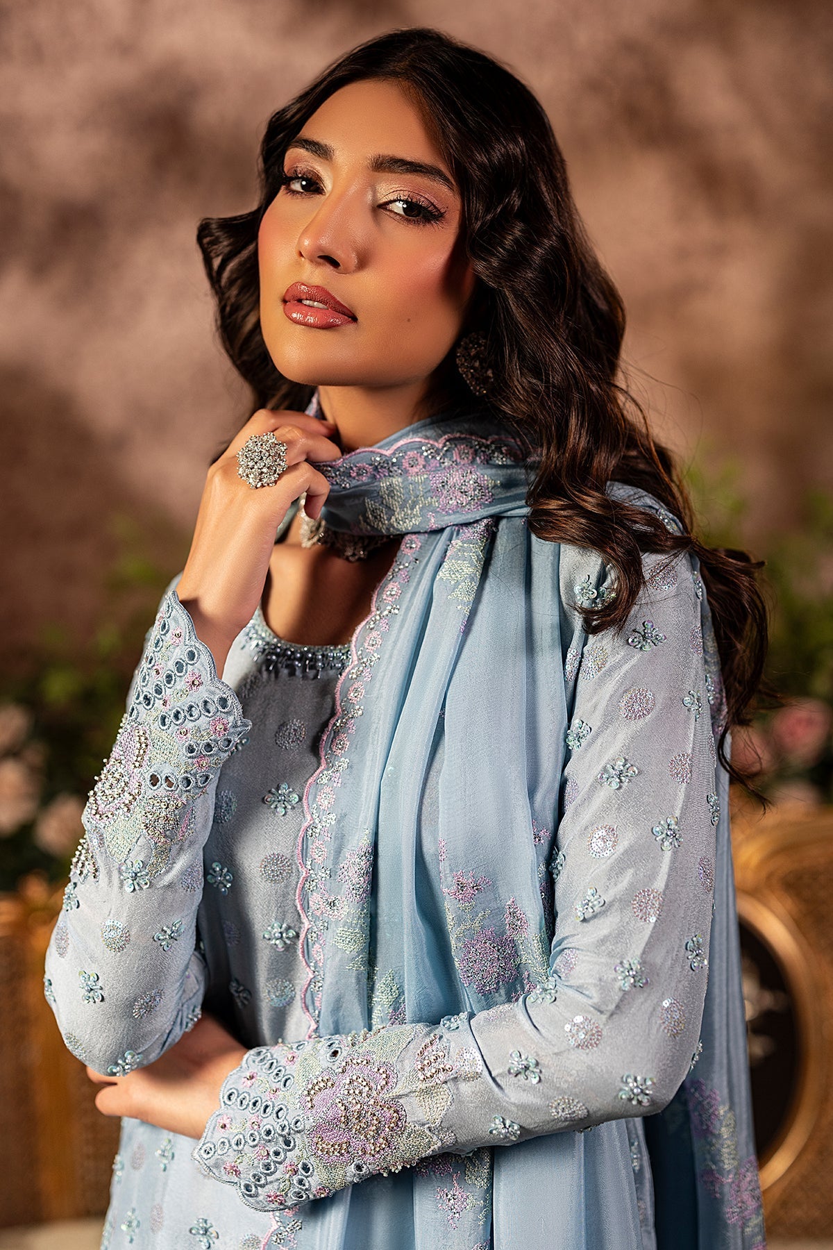 Mina Kashif | Loona Lawn 25 | Sapphire-Brand:Mina Kashif-Type:Ladies Clothes-Light Blue Gray-Pure Tussar Silk-House of Maryam- Buy in UK, USA