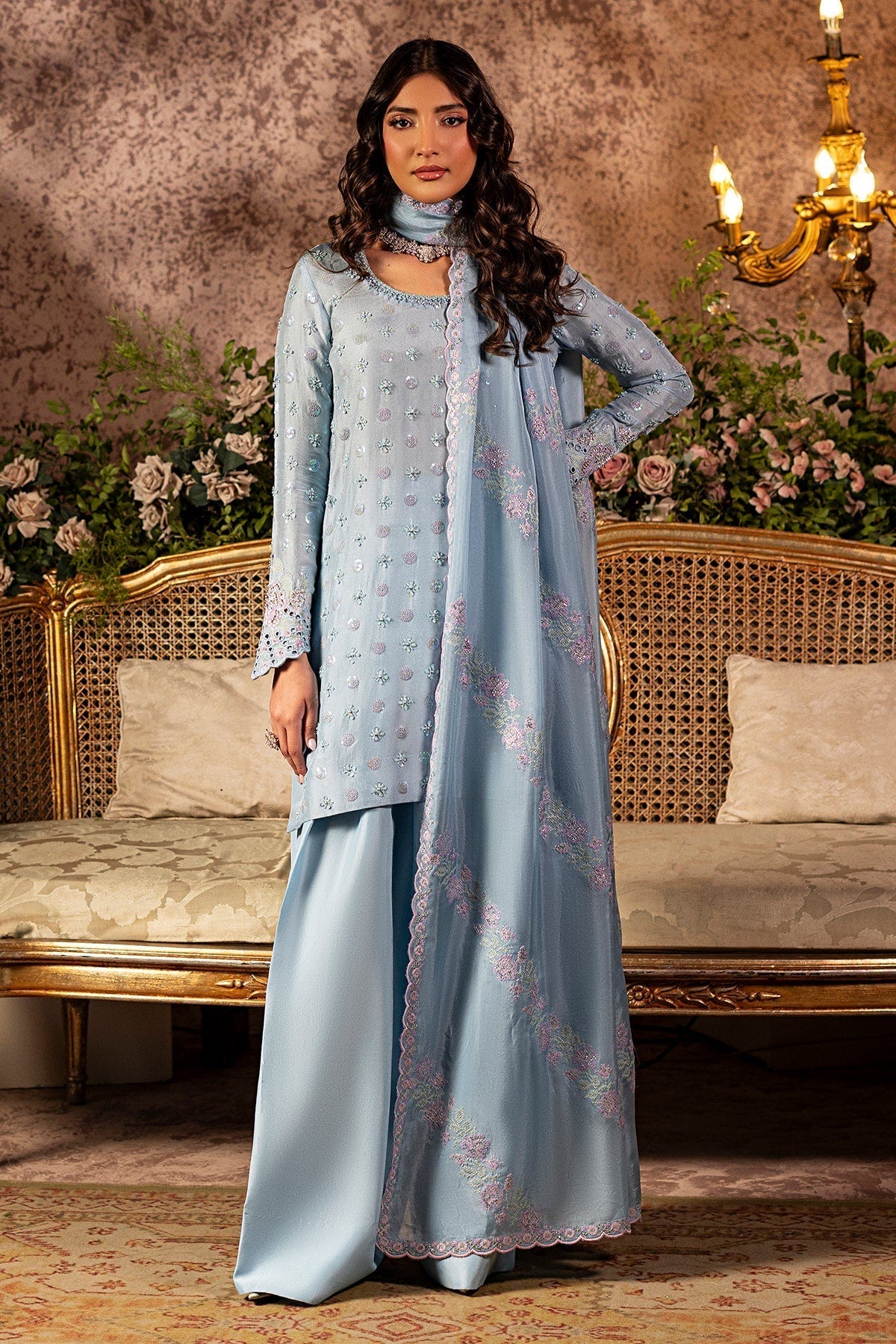 Mina Kashif | Loona Lawn 25 | Sapphire-Brand:Mina Kashif-Type:Ladies Clothes-Light Blue Gray-Pure Tussar Silk-House of Maryam- Buy in UK, USA