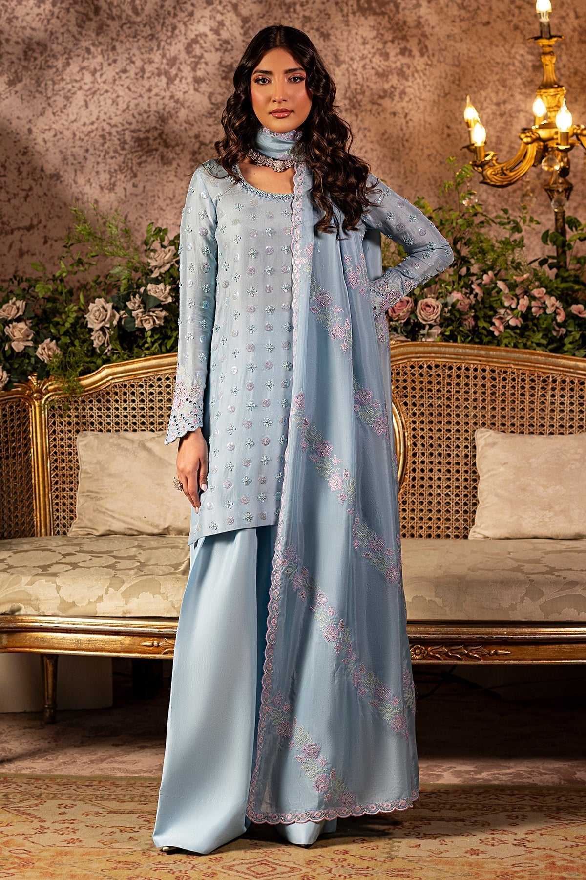 Mina Kashif | Loona Lawn 25 | Sapphire-Brand:Mina Kashif-Type:Ladies Clothes-Light Blue Gray-Pure Tussar Silk-House of Maryam- Buy in UK, USA