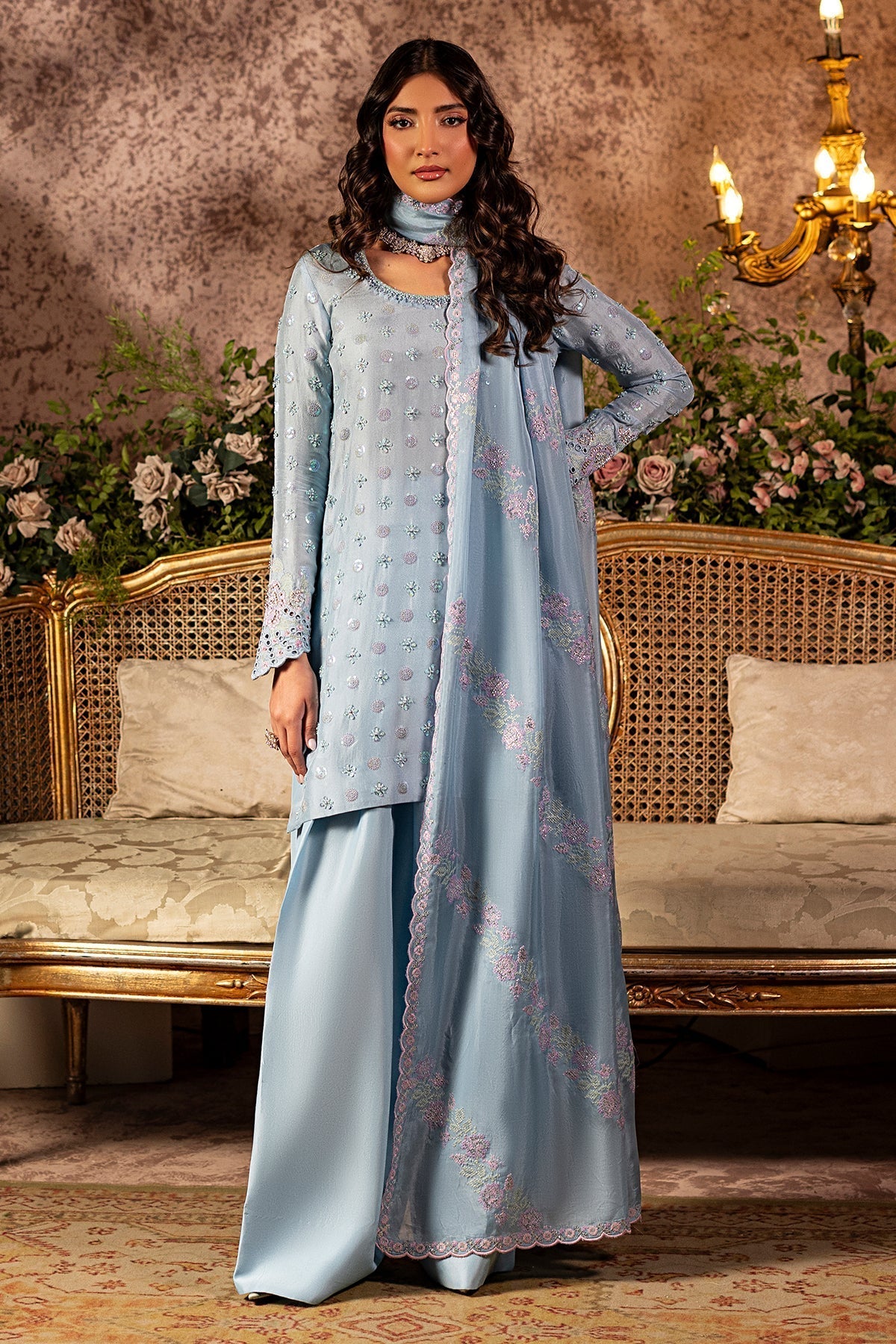 Mina Kashif | Loona Lawn 25 | Sapphire-Brand:Mina Kashif-Type:Ladies Clothes-Light Blue Gray-Pure Tussar Silk-House of Maryam- Buy in UK, USA
