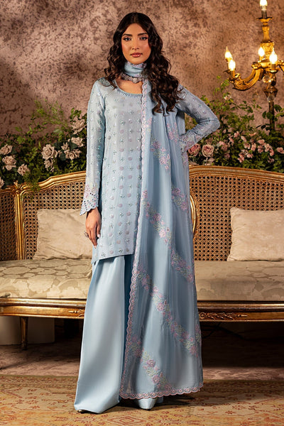 Mina Kashif | Loona Lawn 25 | Sapphire-Brand:Mina Kashif-Type:Ladies Clothes-Light Blue Gray-Pure Tussar Silk-House of Maryam- Buy in UK, USA