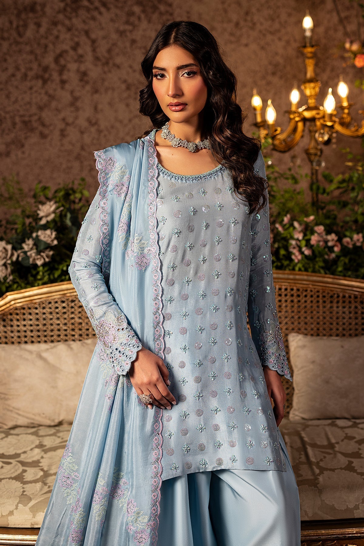 Mina Kashif | Loona Lawn 25 | Sapphire-Brand:Mina Kashif-Type:Ladies Clothes-Light Blue Gray-Pure Tussar Silk-House of Maryam- Buy in UK, USA