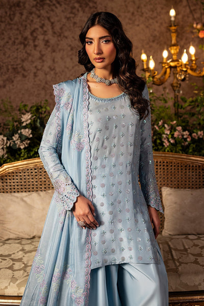 Mina Kashif | Loona Lawn 25 | Sapphire-Brand:Mina Kashif-Type:Ladies Clothes-Light Blue Gray-Pure Tussar Silk-House of Maryam- Buy in UK, USA