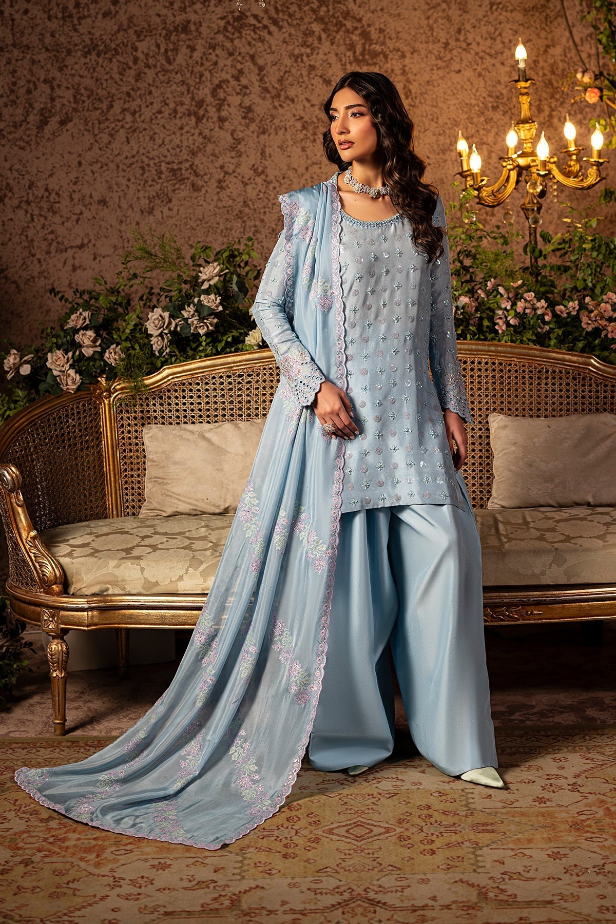 Mina Kashif | Loona Lawn 25 | Sapphire-Brand:Mina Kashif-Type:Ladies Clothes-Light Blue Gray-Pure Tussar Silk-House of Maryam- Buy in UK, USA