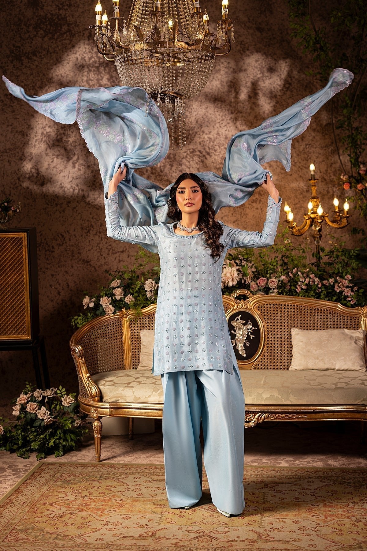 Mina Kashif | Loona Lawn 25 | Sapphire-Brand:Mina Kashif-Type:Ladies Clothes-Light Blue Gray-Pure Tussar Silk-House of Maryam- Buy in UK, USA