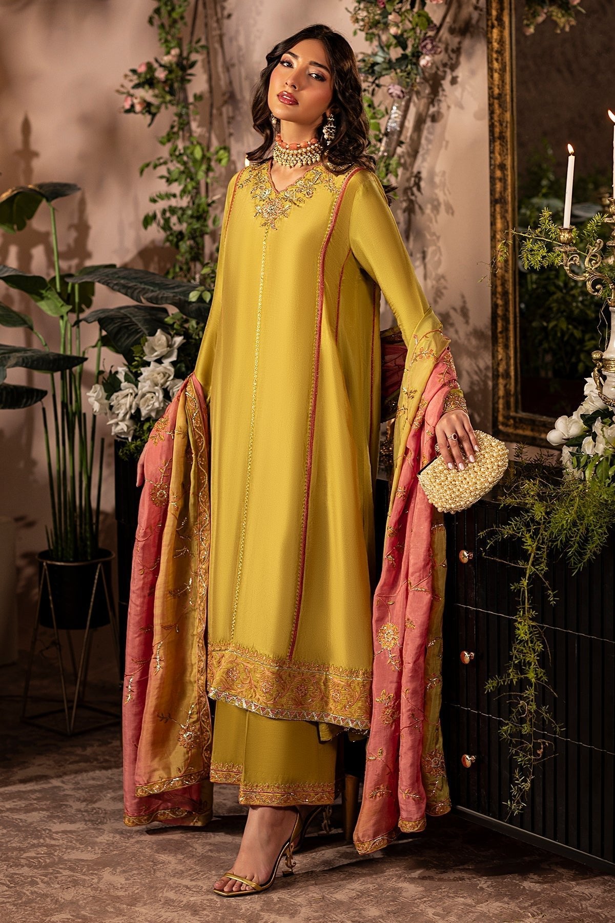 Mina Kashif | Loona Lawn 25 | Topaz-Brand:Mina Kashif-Type:Ladies Clothes-Old Gold-Tussar Silk-House of Maryam- Buy in UK, USA