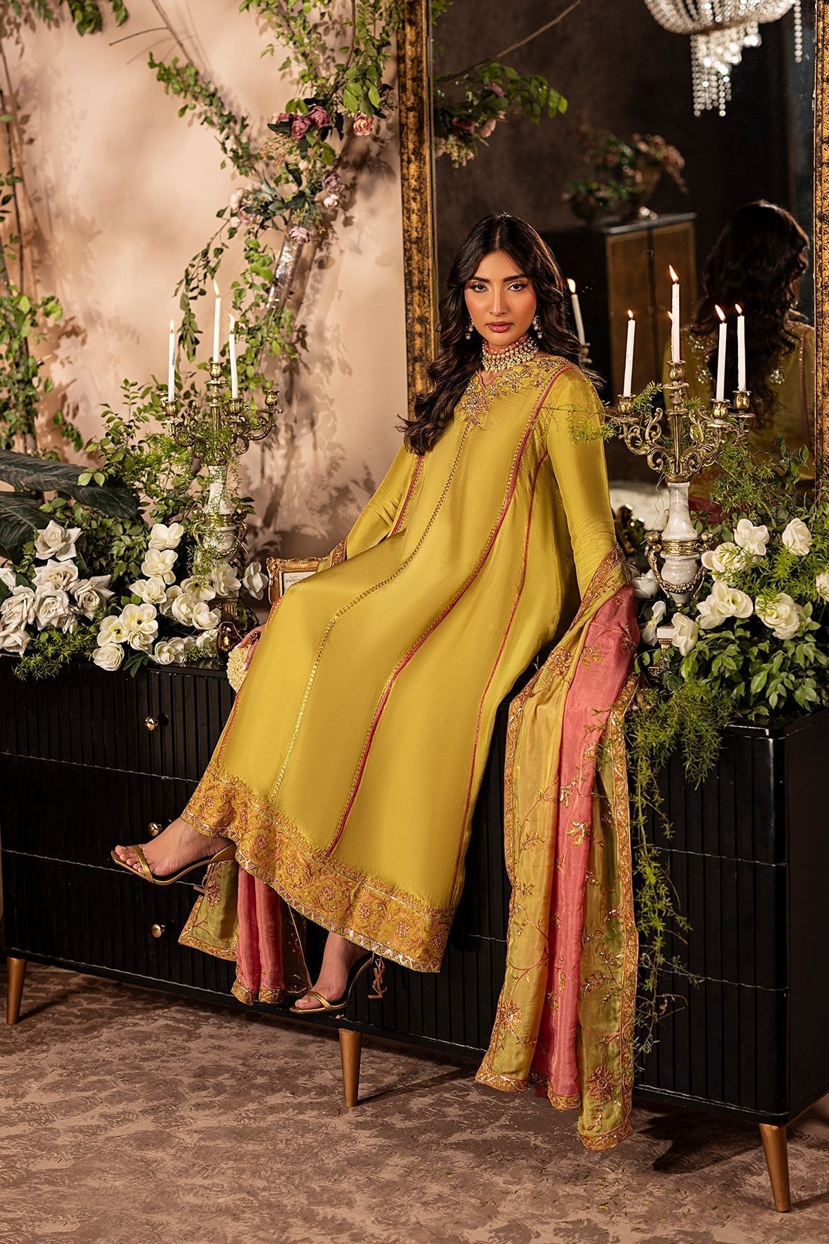 Mina Kashif | Loona Lawn 25 | Topaz-Brand:Mina Kashif-Type:Ladies Clothes-Old Gold-Tussar Silk-House of Maryam- Buy in UK, USA
