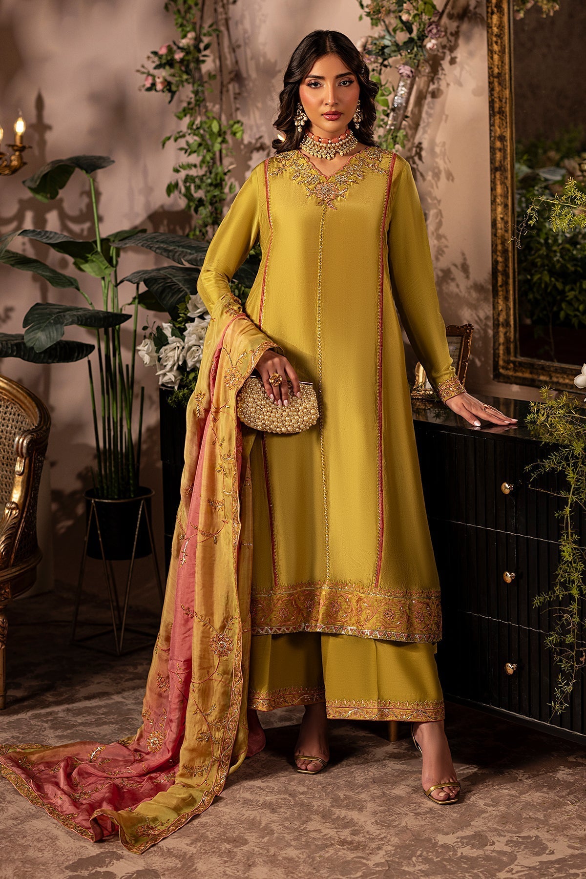 Mina Kashif | Loona Lawn 25 | Topaz-Brand:Mina Kashif-Type:Ladies Clothes-Old Gold-Tussar Silk-House of Maryam- Buy in UK, USA