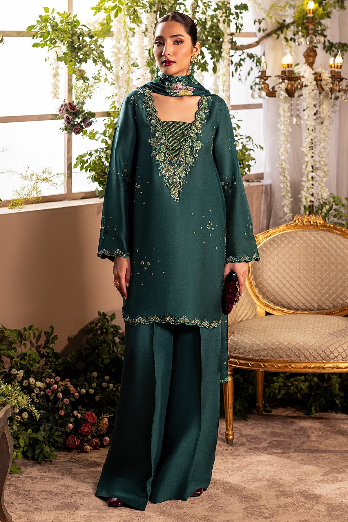 Mina Kashif | Loona Lawn 25 | Zircon-Brand:Mina Kashif-Type:Ladies Clothes-Mid Green-Tussar Silk-House of Maryam- Buy in UK, USA