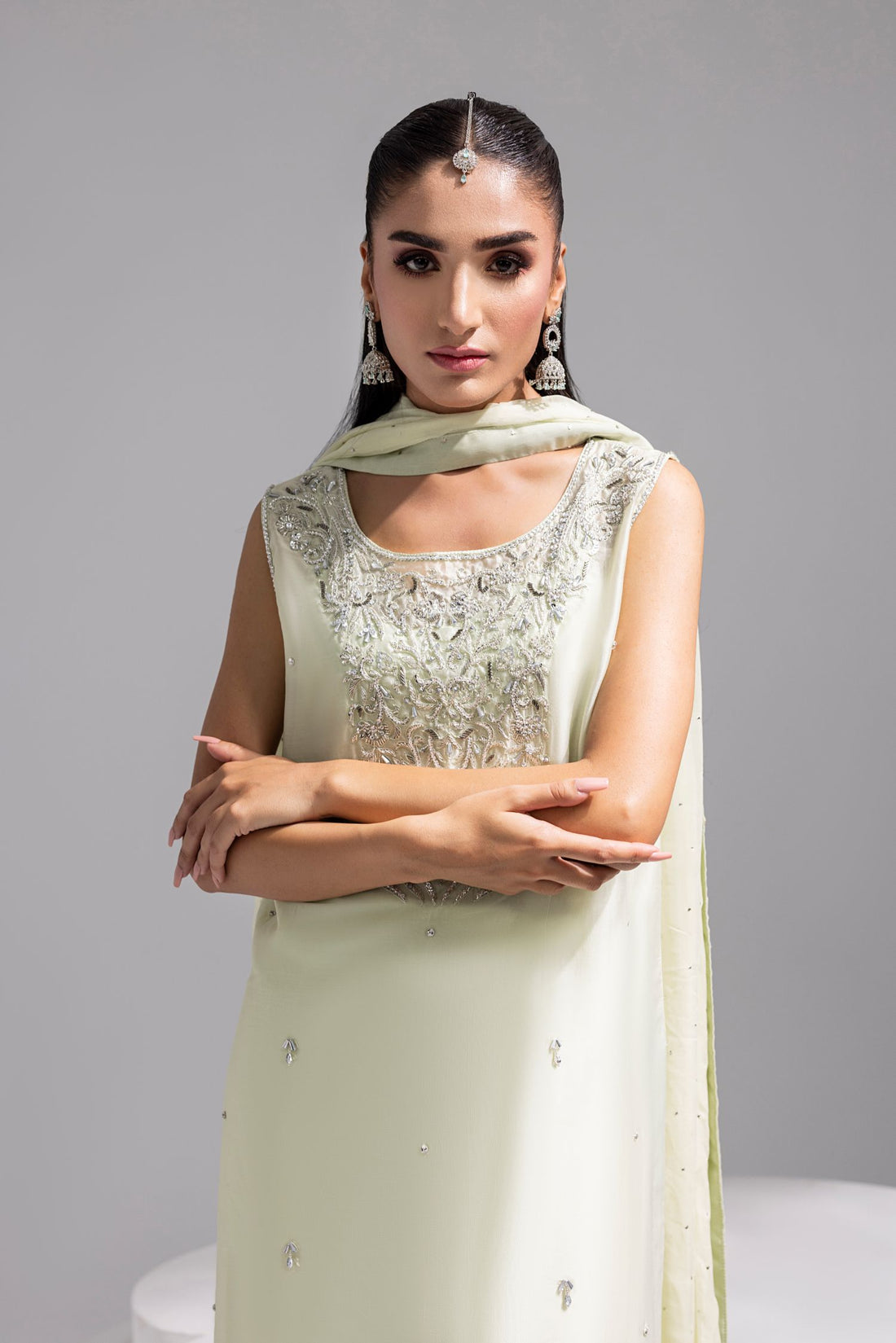 Amani | Aira Festive Wear | SOLEA – Hand Embroidered Mint Butter Silk Shirt with Viscose Pants & Mukesh Dupatta, image 3