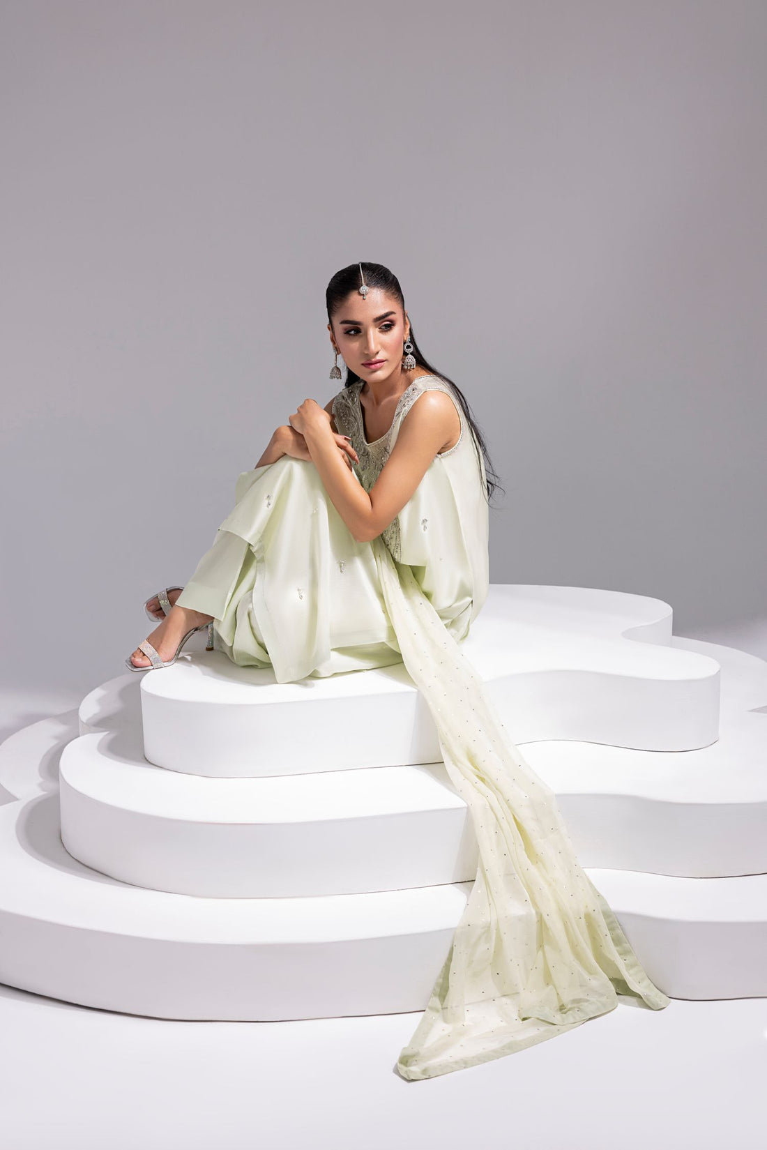 Amani | Aira Festive Wear | SOLEA – Hand Embroidered Mint Butter Silk Shirt with Viscose Pants & Mukesh Dupatta, image 4