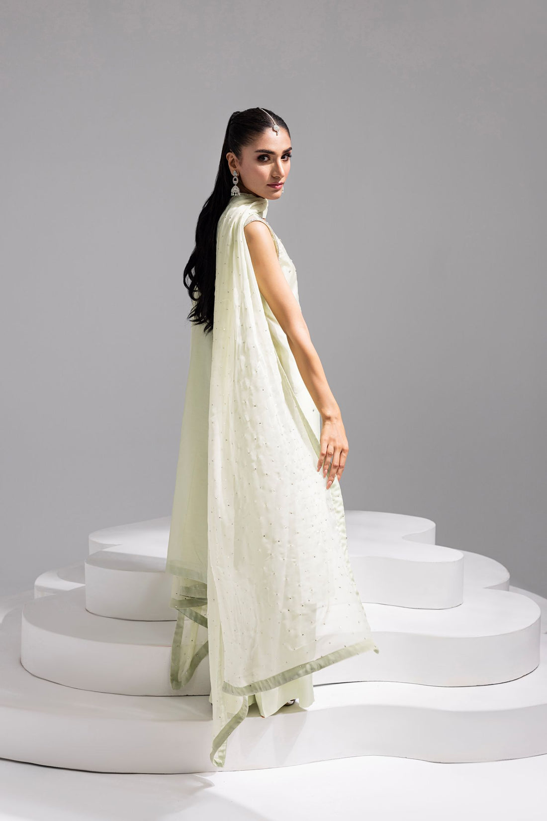 Amani | Aira Festive Wear | SOLEA – Hand Embroidered Mint Butter Silk Shirt with Viscose Pants & Mukesh Dupatta, image 2