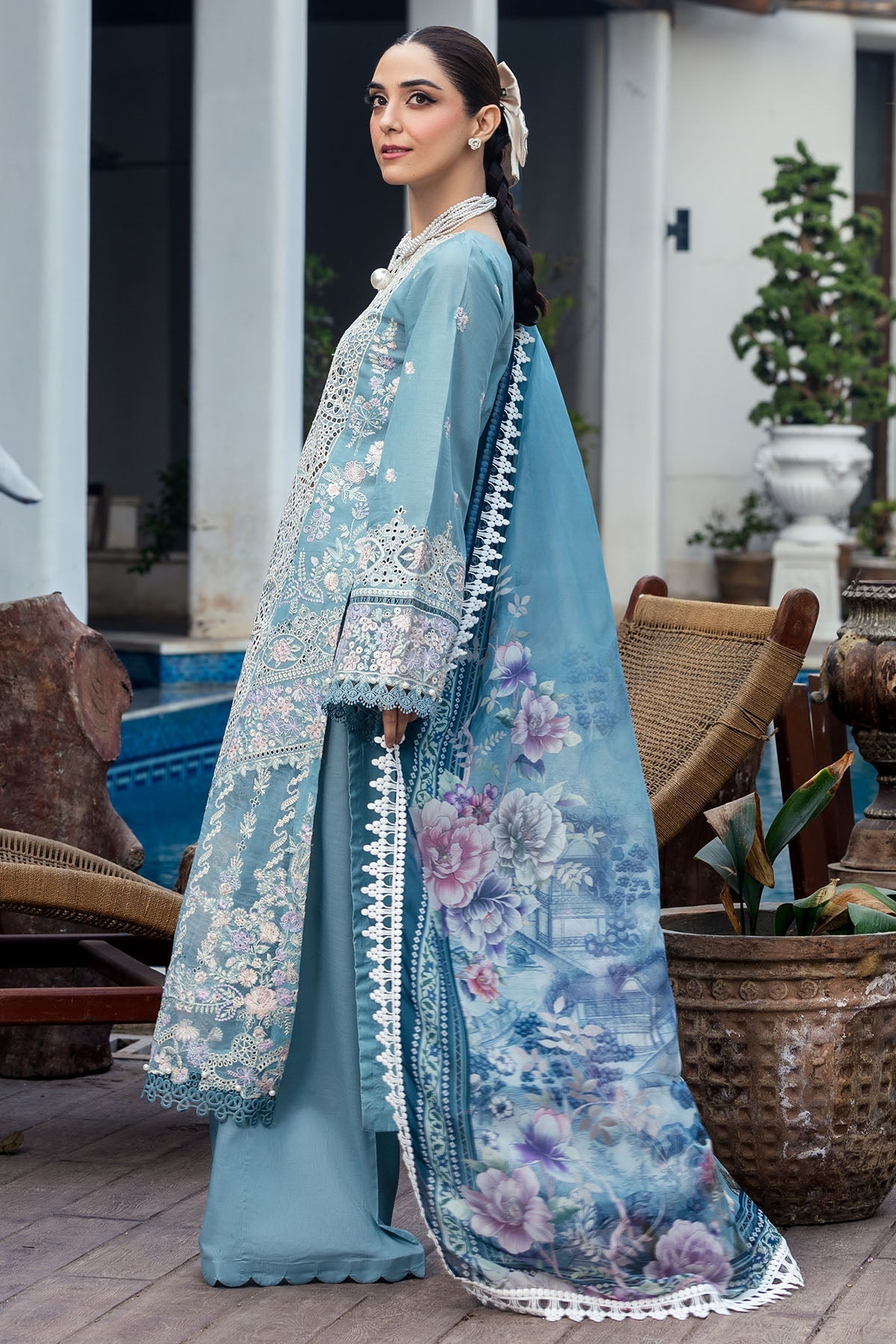 Motifz | Premium Lawn 25 | 5301-ELAYNE-Brand:Motifz-Type:Ladies Clothes-Light Blue Gray-Lawn-House of Maryam- Buy in UK, USA