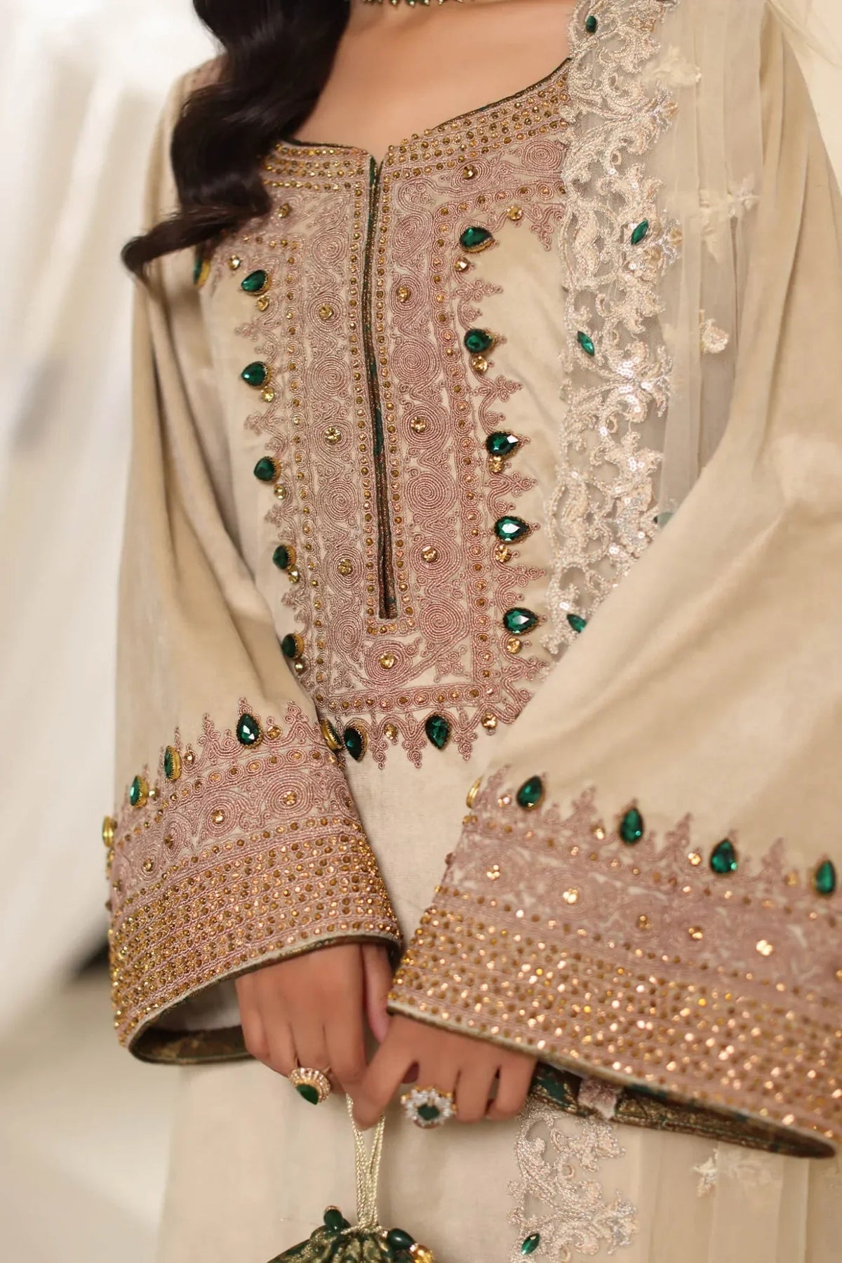 Musferah Saad | Amor A La Vida | Champagne Grace-Brand:Musferah Saad-Type:Ladies Clothes-Beige-Velvet-House of Maryam- Buy in UK, USA