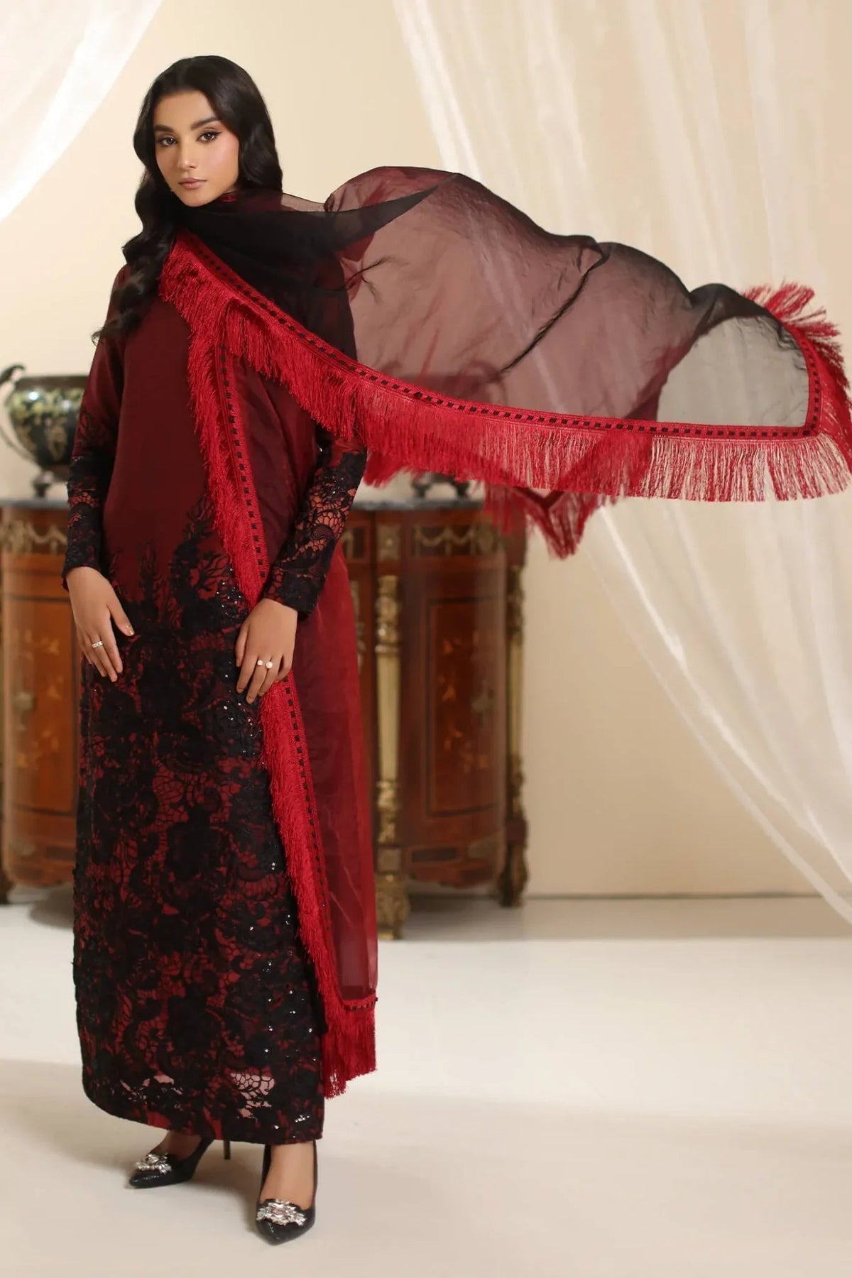 Musferah Saad | Amor A La Vida | Dark Rose-Brand:Musferah Saad-Type:Ladies Clothes-Blood Red-Raw Silk-House of Maryam- Buy in UK, USA