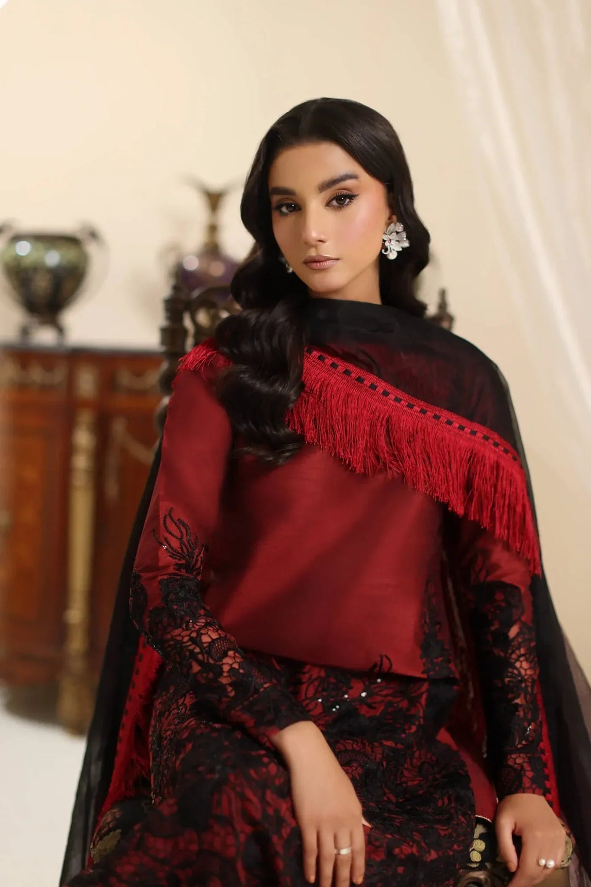Musferah Saad | Amor A La Vida | Dark Rose-Brand:Musferah Saad-Type:Ladies Clothes-Blood Red-Raw Silk-House of Maryam- Buy in UK, USA