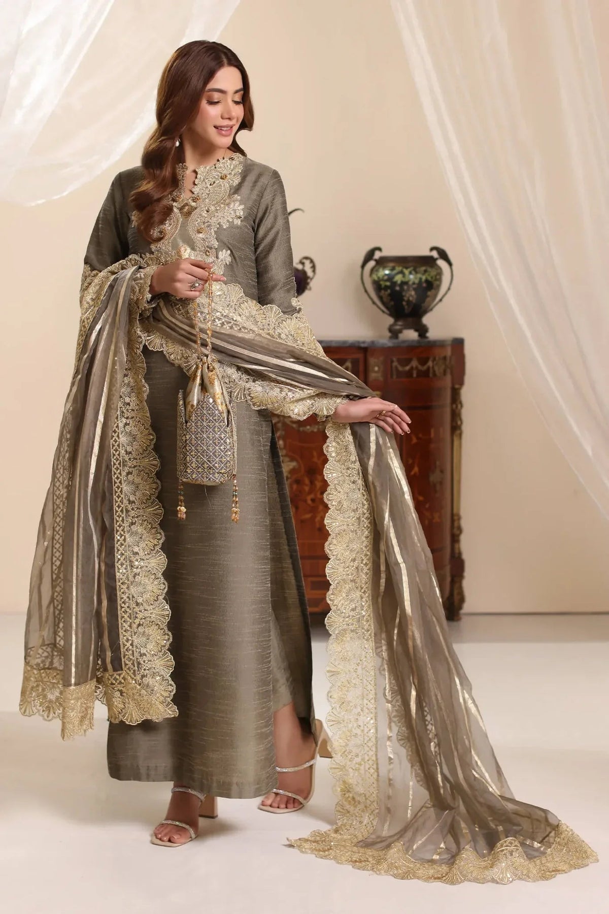 Musferah Saad | Amor A La Vida | Olive Taupe-Brand:Musferah Saad-Type:Ladies Clothes-Olive Haze-Raw Silk-House of Maryam- Buy in UK, USA