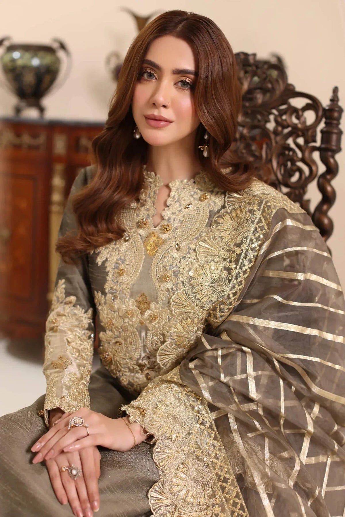 Musferah Saad | Amor A La Vida | Olive Taupe-Brand:Musferah Saad-Type:Ladies Clothes-Olive Haze-Raw Silk-House of Maryam- Buy in UK, USA