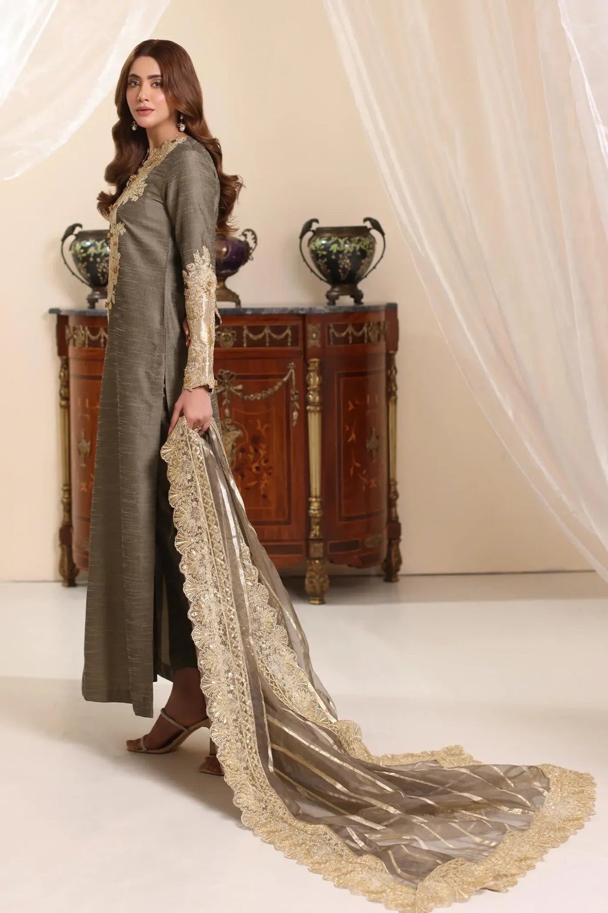 Musferah Saad | Amor A La Vida | Olive Taupe-Brand:Musferah Saad-Type:Ladies Clothes-Olive Haze-Raw Silk-House of Maryam- Buy in UK, USA
