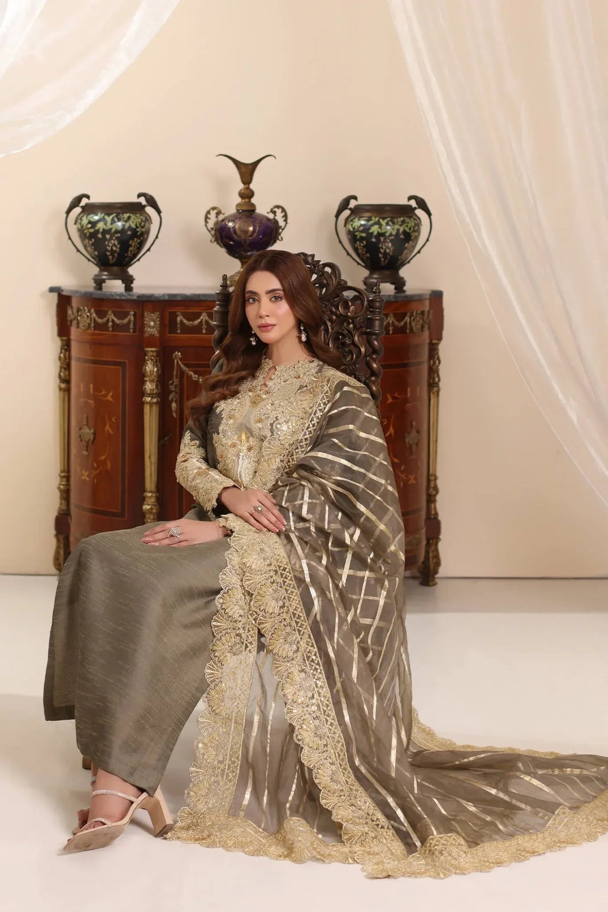 Musferah Saad | Amor A La Vida | Olive Taupe-Brand:Musferah Saad-Type:Ladies Clothes-Olive Haze-Raw Silk-House of Maryam- Buy in UK, USA