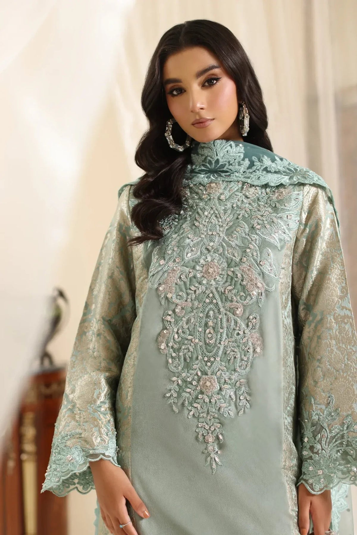 Musferah Saad | Amor A La Vida | Sage Queen-Brand:Musferah Saad-Type:Ladies Clothes-Ice Blue-Velvet-House of Maryam- Buy in UK, USA