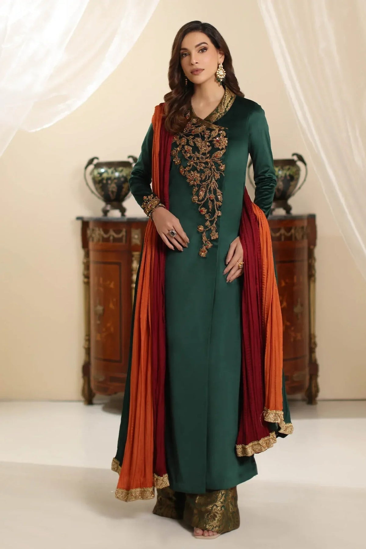 Musferah Saad | Amor A La Vida | Serene Opulence-Brand:Musferah Saad-Type:Ladies Clothes-Deep Teal Green-Velvet-House of Maryam- Buy in UK, USA