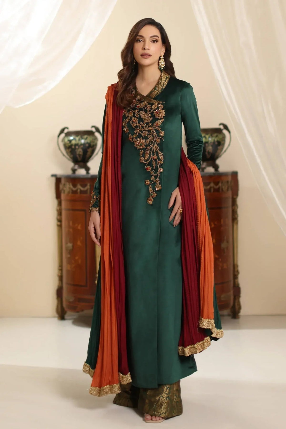 Musferah Saad | Amor A La Vida | Serene Opulence-Brand:Musferah Saad-Type:Ladies Clothes-Deep Teal Green-Velvet-House of Maryam- Buy in UK, USA