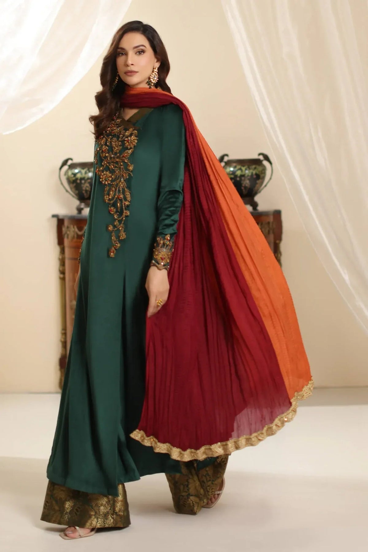 Musferah Saad | Amor A La Vida | Serene Opulence-Brand:Musferah Saad-Type:Ladies Clothes-Deep Teal Green-Velvet-House of Maryam- Buy in UK, USA