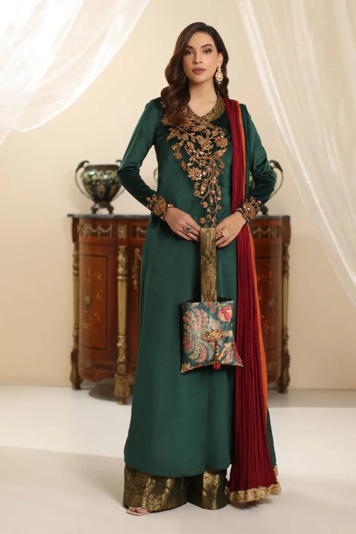Musferah Saad | Amor A La Vida | Serene Opulence-Brand:Musferah Saad-Type:Ladies Clothes-Deep Teal Green-Velvet-House of Maryam- Buy in UK, USA