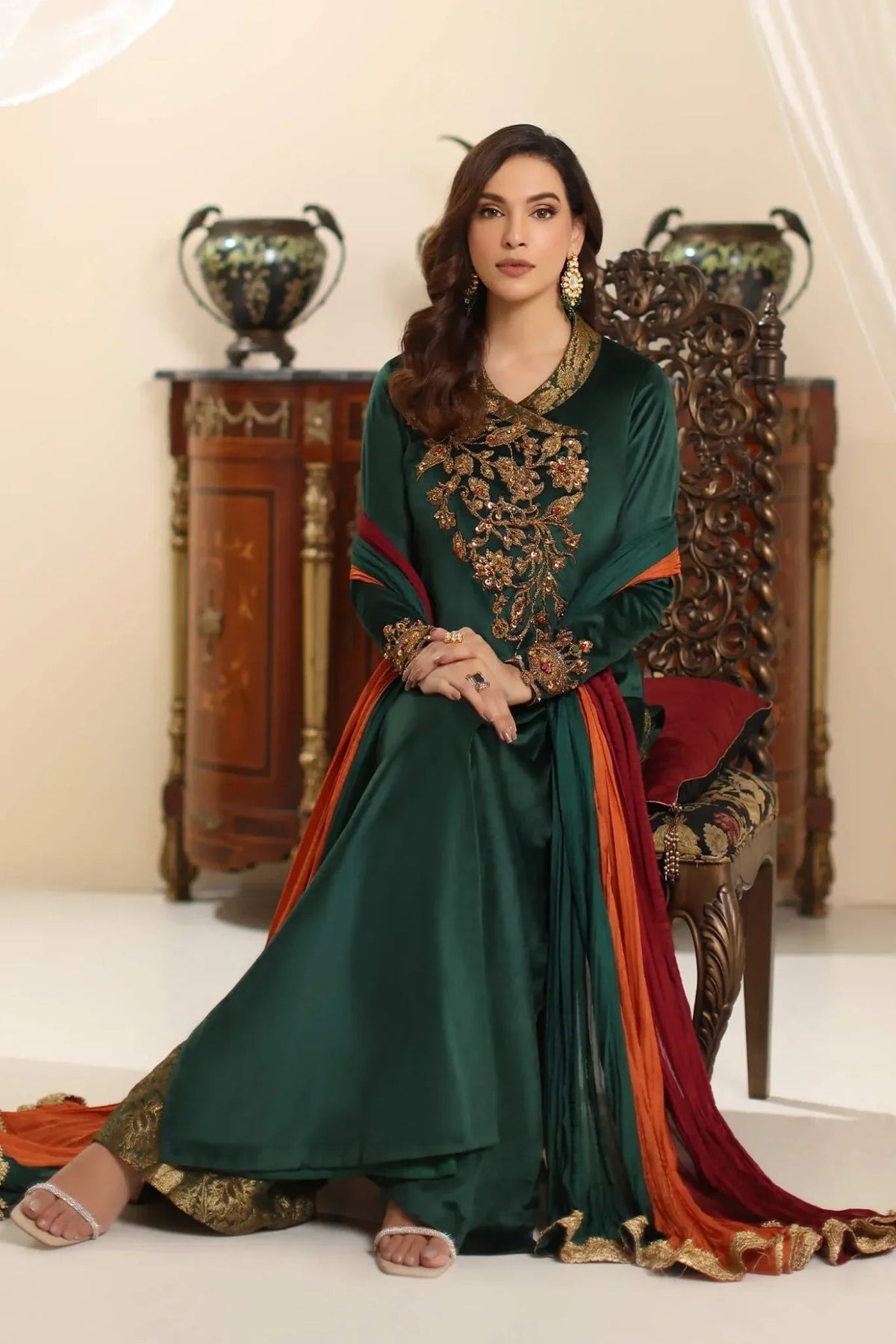 Musferah Saad | Amor A La Vida | Serene Opulence-Brand:Musferah Saad-Type:Ladies Clothes-Deep Teal Green-Velvet-House of Maryam- Buy in UK, USA