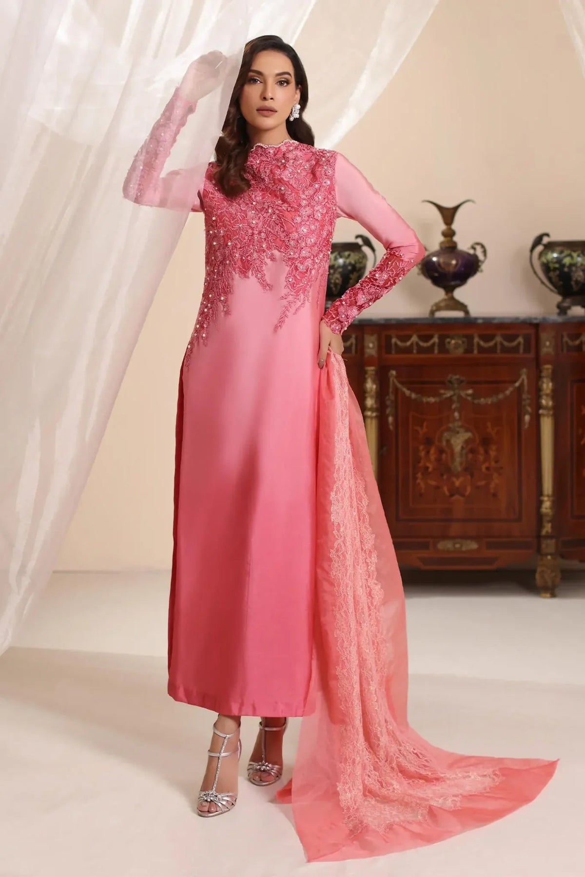 Musferah Saad | Amor A La Vida | Sunset Blush-Brand:Musferah Saad-Type:Ladies Clothes-Ash Pink-Tissue Silk-House of Maryam- Buy in UK, USA