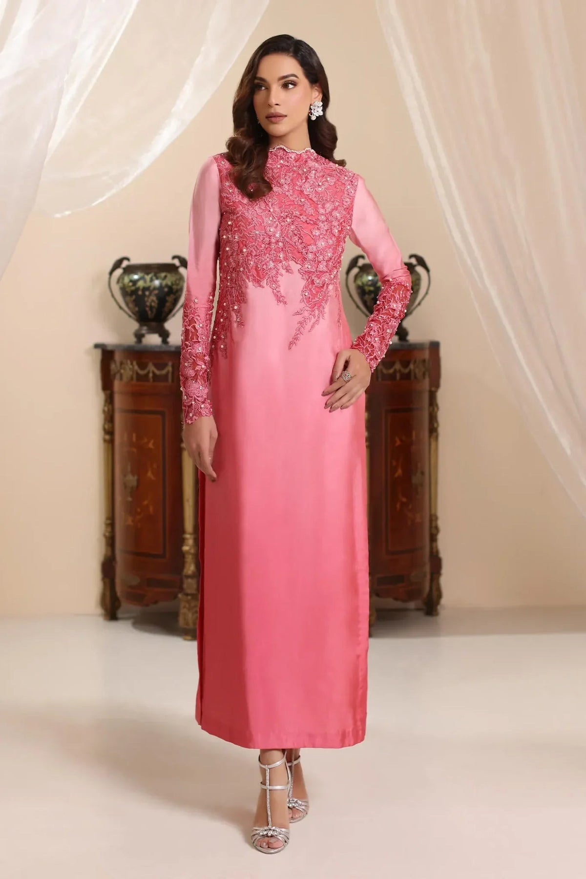 Musferah Saad | Amor A La Vida | Sunset Blush-Brand:Musferah Saad-Type:Ladies Clothes-Ash Pink-Tissue Silk-House of Maryam- Buy in UK, USA