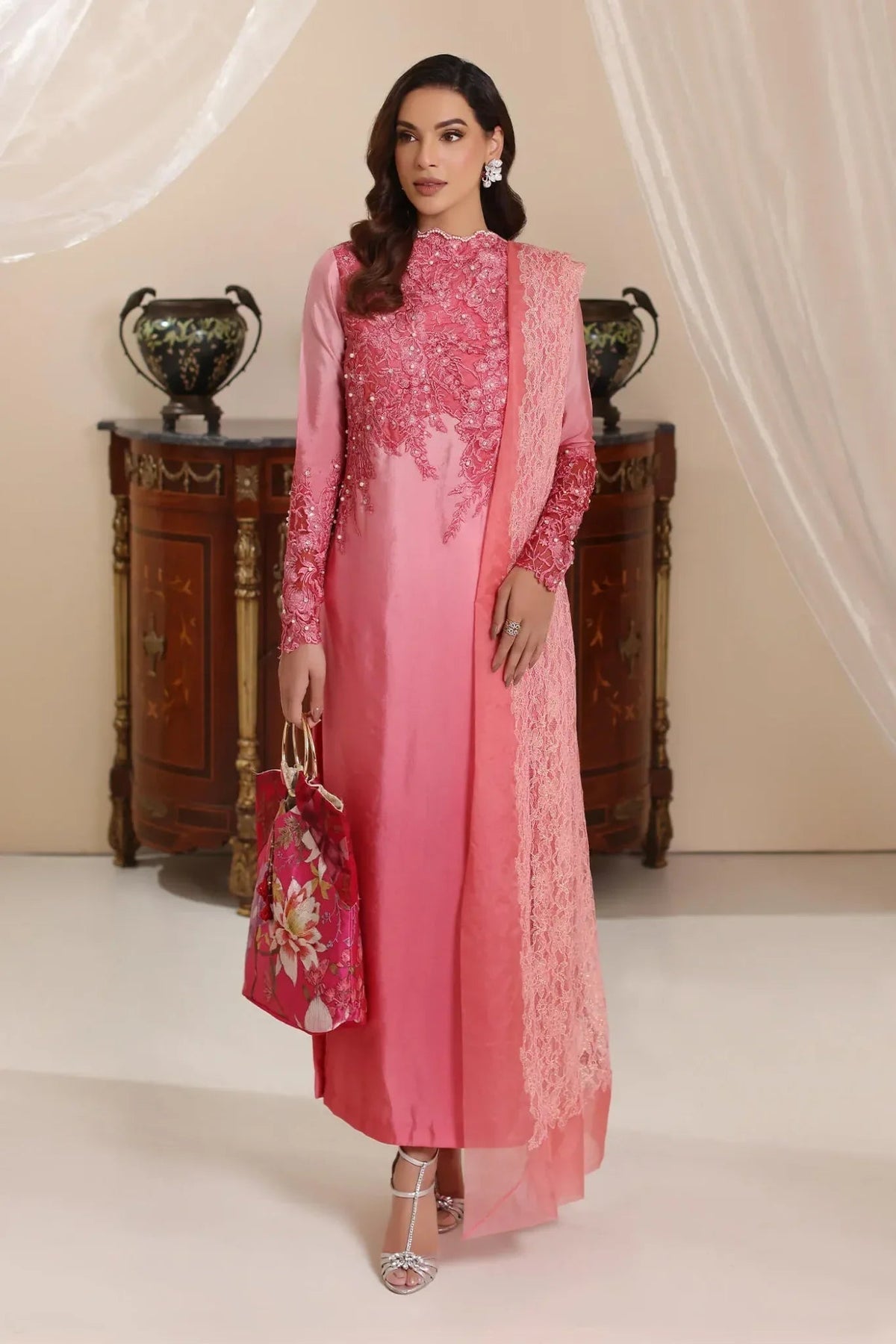 Musferah Saad | Amor A La Vida | Sunset Blush-Brand:Musferah Saad-Type:Ladies Clothes-Ash Pink-Tissue Silk-House of Maryam- Buy in UK, USA