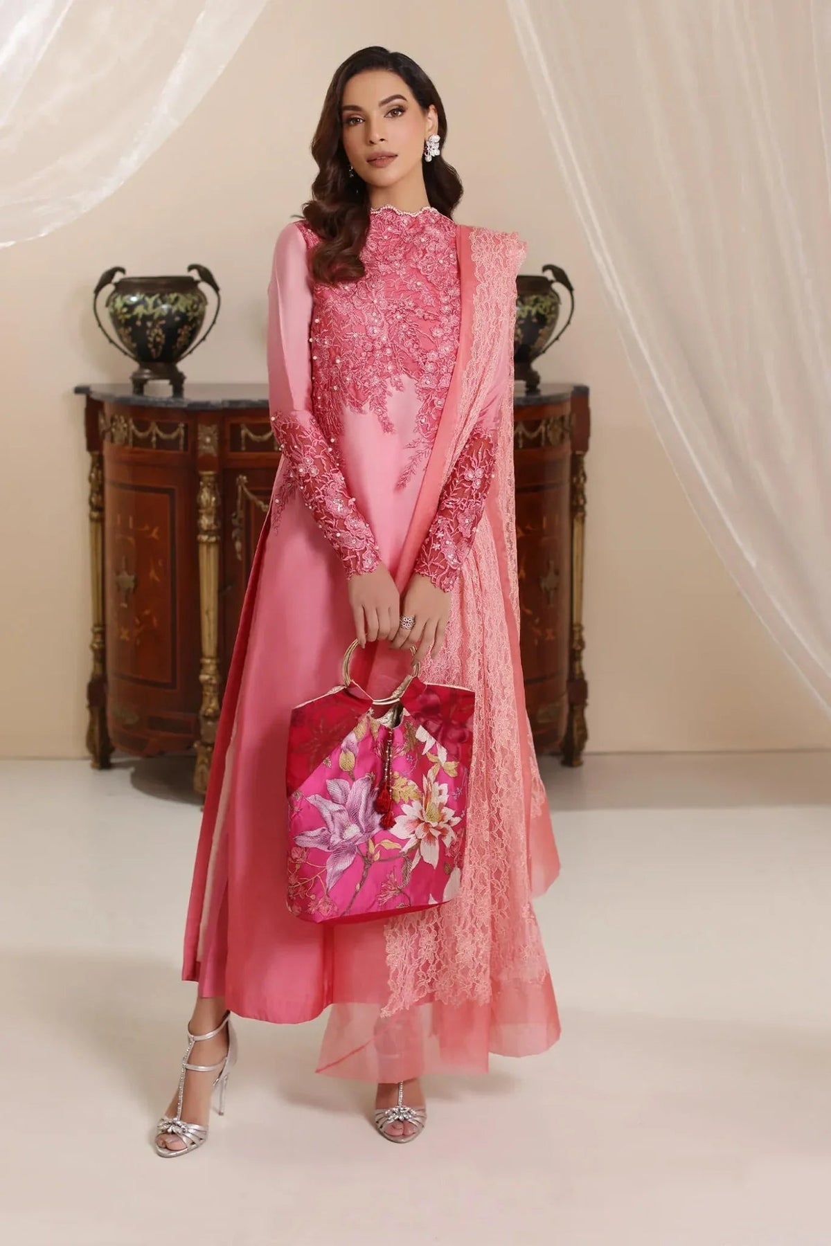 Musferah Saad | Amor A La Vida | Sunset Blush-Brand:Musferah Saad-Type:Ladies Clothes-Ash Pink-Tissue Silk-House of Maryam- Buy in UK, USA