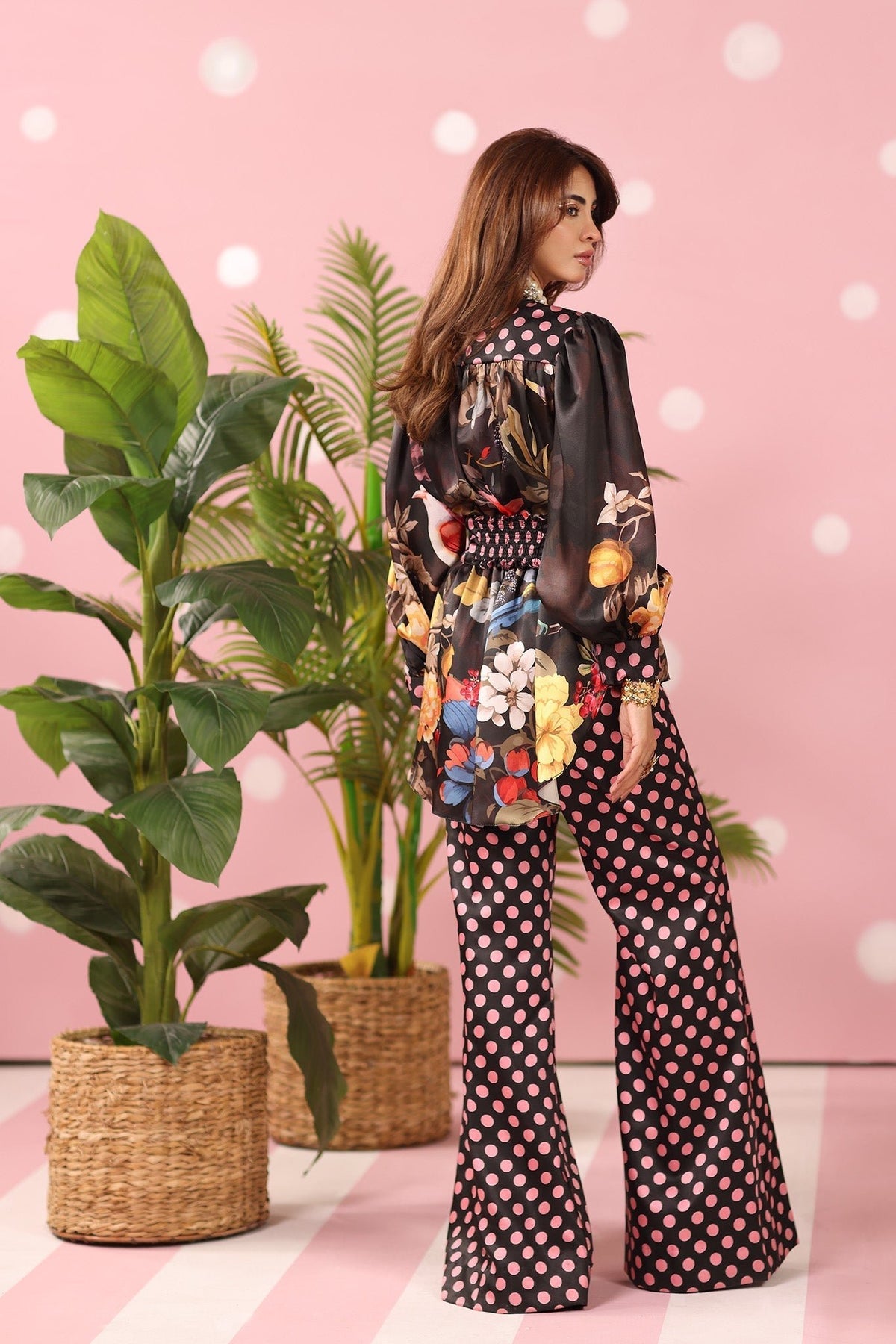 Musferah Saad | Resort Collection | Polka Panache-Brand:Musferah Saad-Type:Ladies Clothes-Black-Printed Silk-House of Maryam- Buy in UK, USA