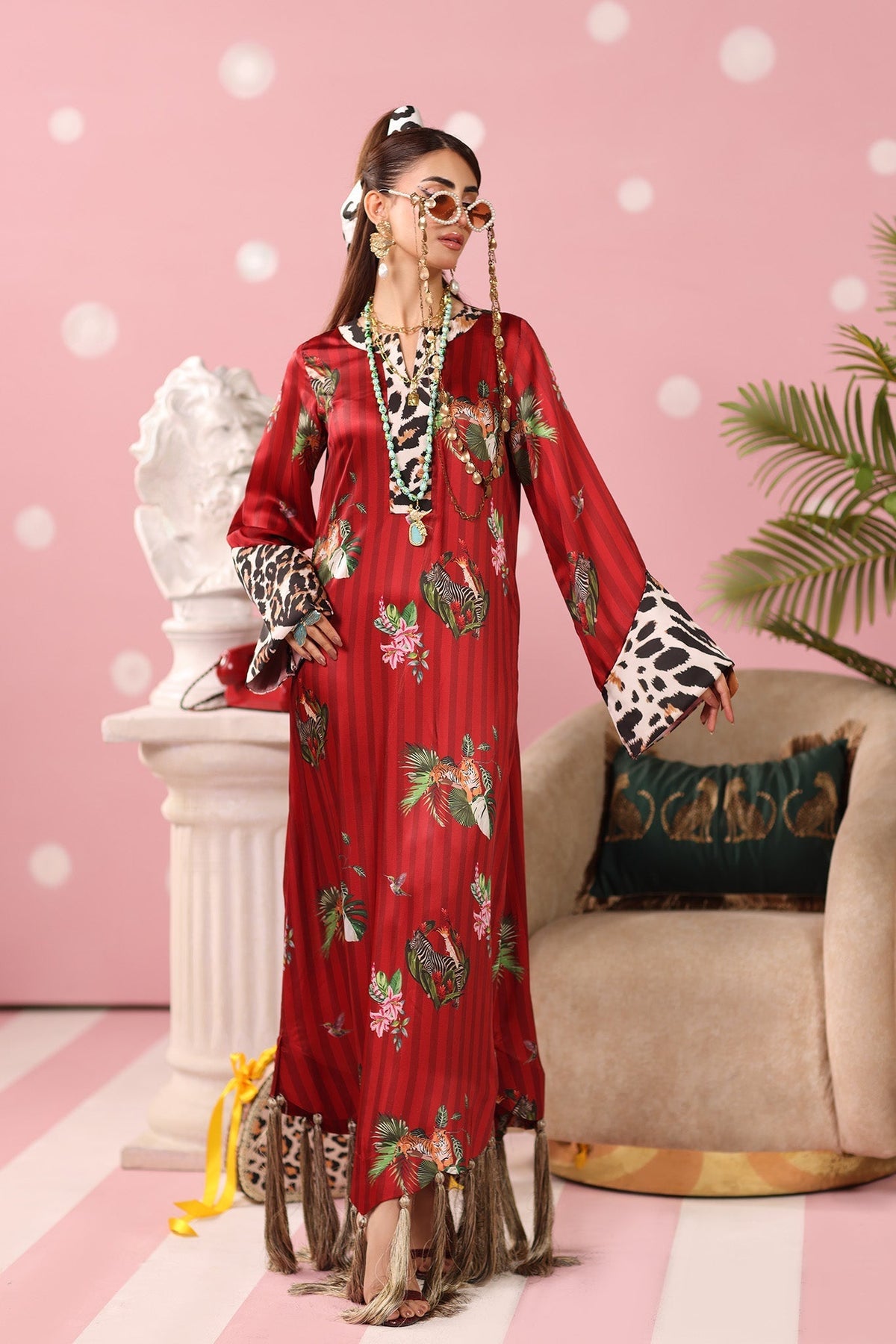 Musferah Saad | Resort Collection | Ruby Safari-Brand:Musferah Saad-Type:Ladies Clothes-Crimson-Printed Silk-House of Maryam- Buy in UK, USA