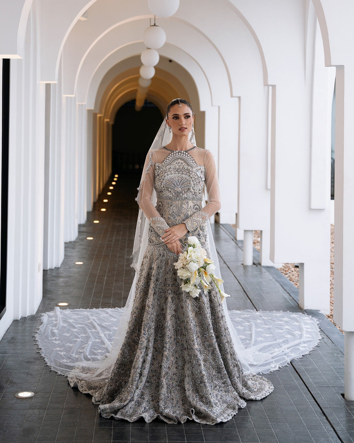 Mysie by Tahira | Aurea Luxury Formals | SWAN-Brand:Mysie by Tahira-Type:Ladies Clothes-Silver-Net-House of Maryam- Buy in UK, USA