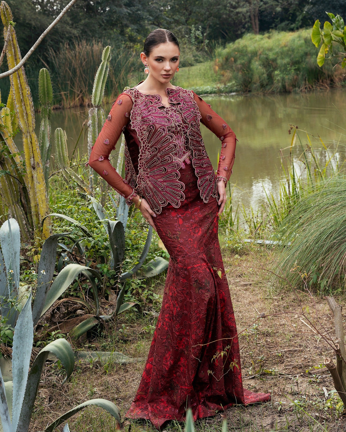 Mysie by Tahira | Eid Festive | ACASIA-Brand:Mysie by Tahira-Type:Ladies Clothes-Ruby Red-Raw Silk-House of Maryam- Buy in UK, USA