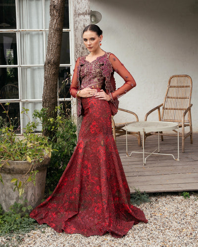 Mysie by Tahira | Eid Festive | ACASIA-Brand:Mysie by Tahira-Type:Ladies Clothes-Ruby Red-Raw Silk-House of Maryam- Buy in UK, USA