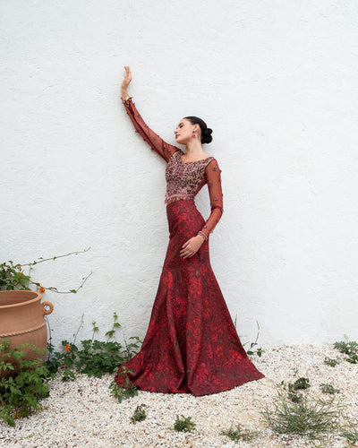 Mysie by Tahira | Eid Festive | ACASIA-Brand:Mysie by Tahira-Type:Ladies Clothes-Ruby Red-Raw Silk-House of Maryam- Buy in UK, USA