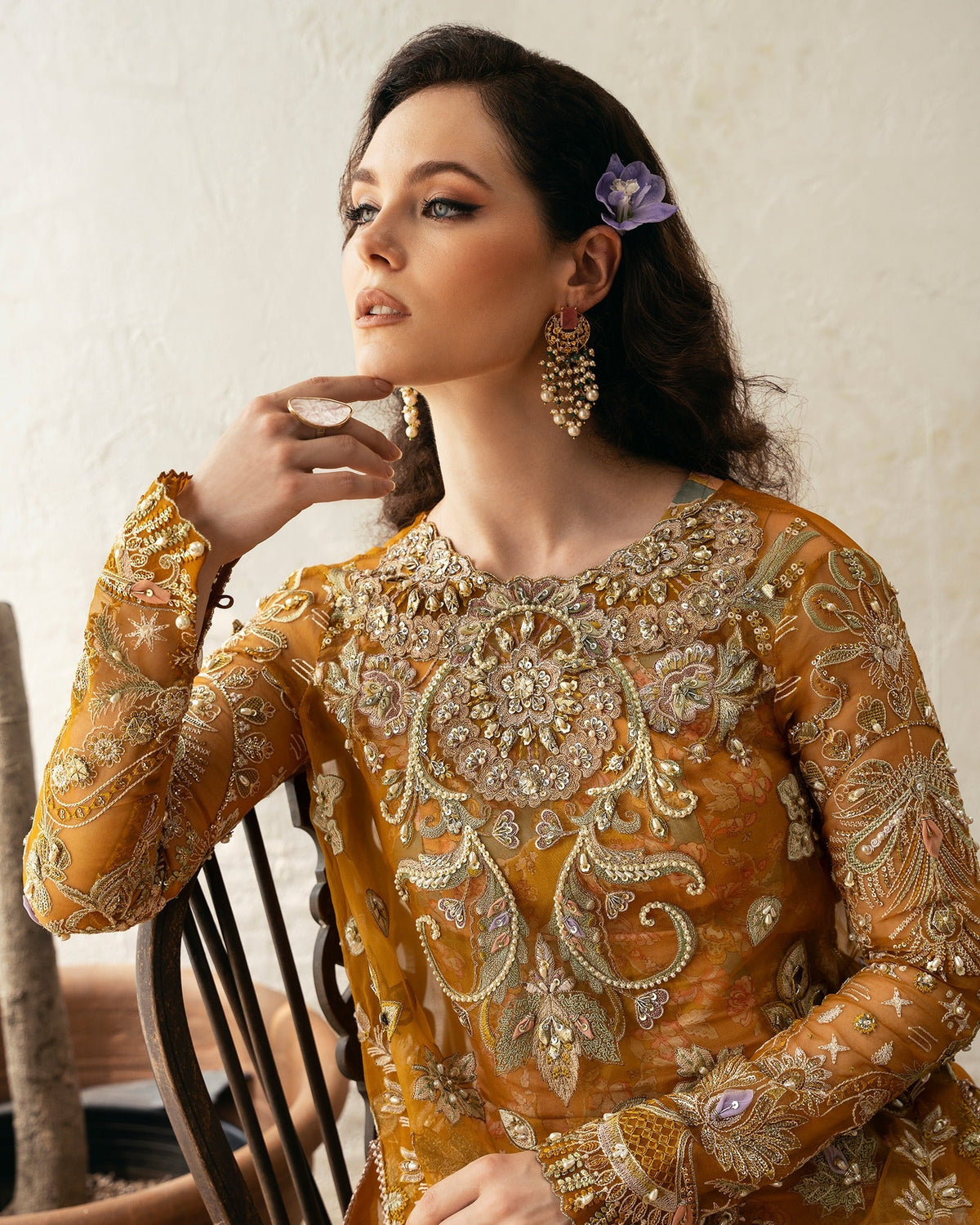 Mysie by Tahira | Eid Festive | AMARI-Brand:Mysie by Tahira-Type:Ladies Clothes-Mustard-Organza-House of Maryam- Buy in UK, USA