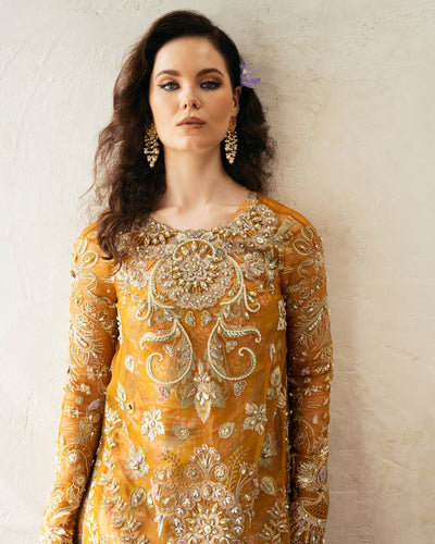 Mysie by Tahira | Eid Festive | AMARI-Brand:Mysie by Tahira-Type:Ladies Clothes-Mustard-Organza-House of Maryam- Buy in UK, USA