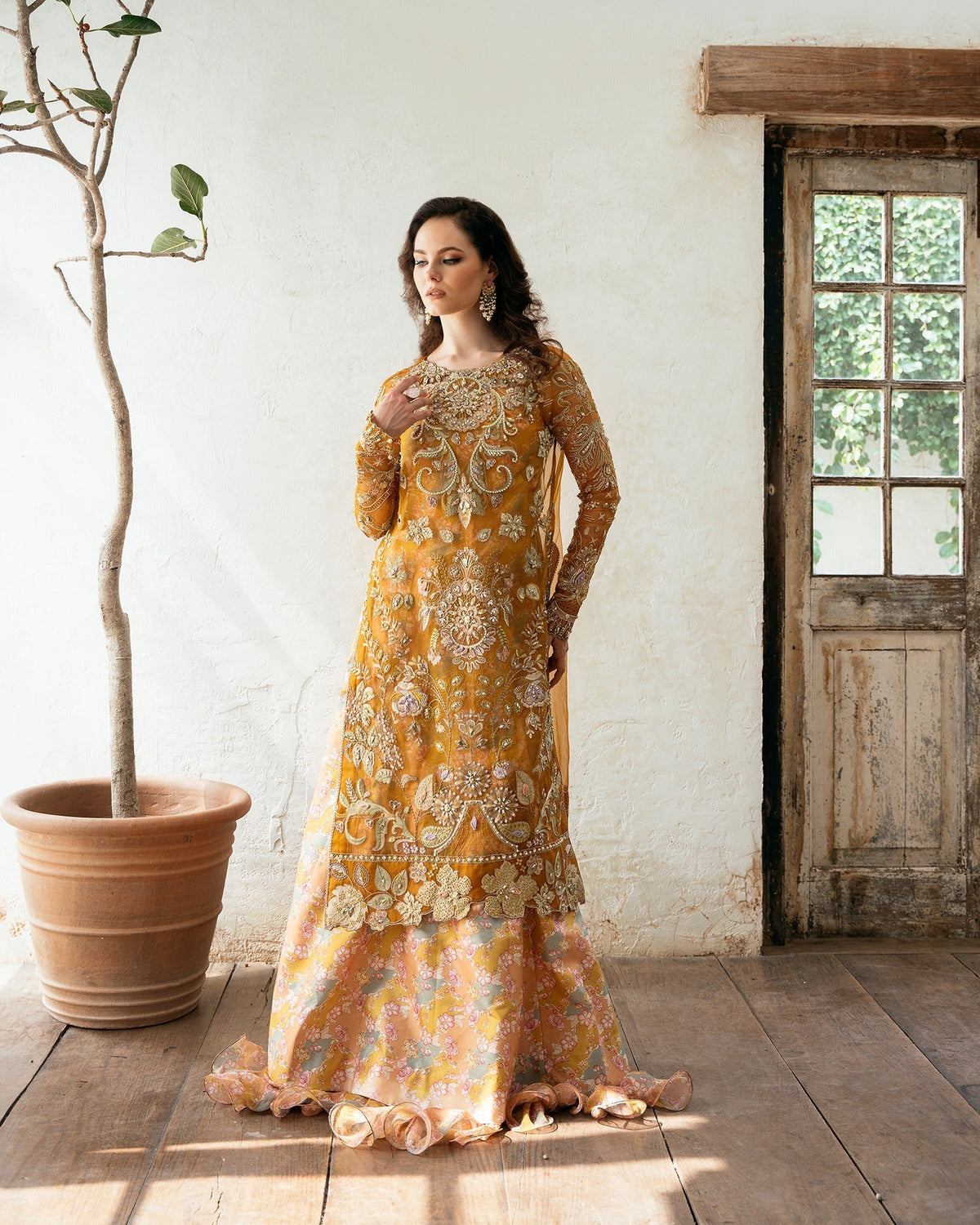 Mysie by Tahira | Eid Festive | AMARI-Brand:Mysie by Tahira-Type:Ladies Clothes-Mustard-Organza-House of Maryam- Buy in UK, USA