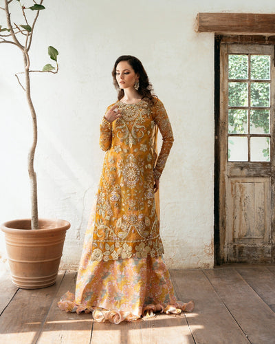 Mysie by Tahira | Eid Festive | AMARI-Brand:Mysie by Tahira-Type:Ladies Clothes-Mustard-Organza-House of Maryam- Buy in UK, USA