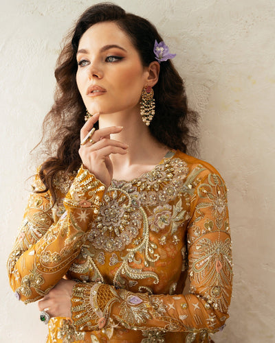 Mysie by Tahira | Eid Festive | AMARI-Brand:Mysie by Tahira-Type:Ladies Clothes-Mustard-Organza-House of Maryam- Buy in UK, USA