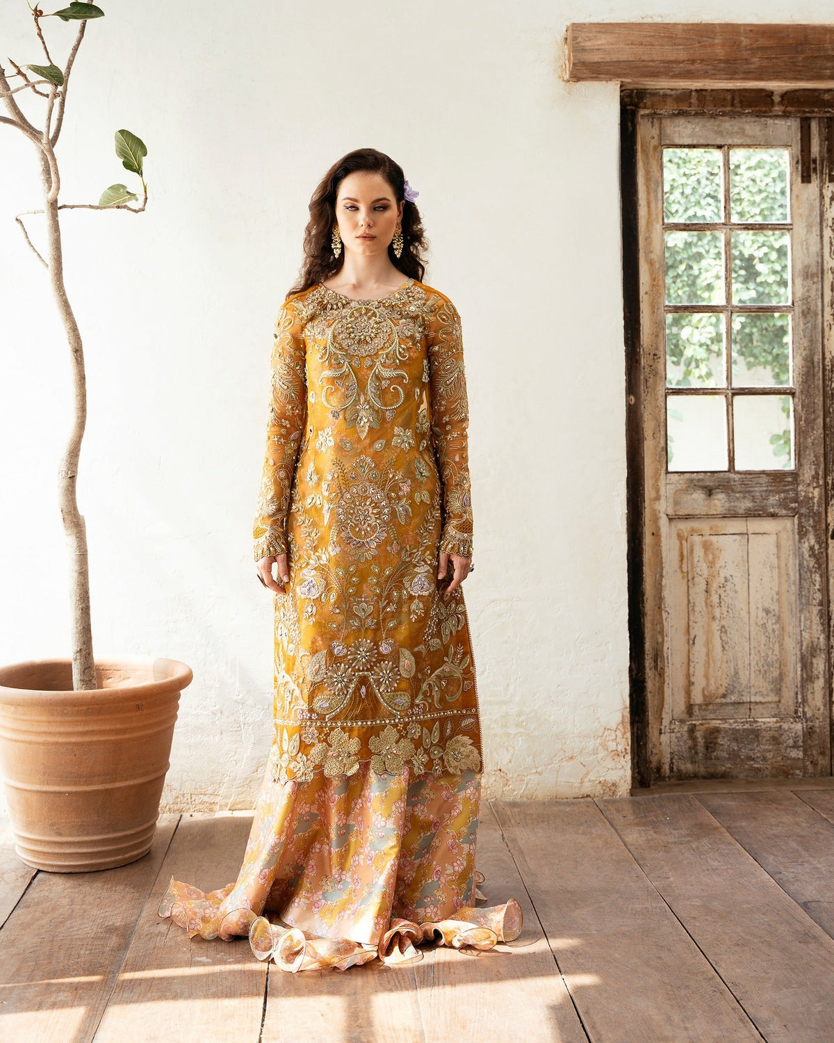Mysie by Tahira | Eid Festive | AMARI-Brand:Mysie by Tahira-Type:Ladies Clothes-Mustard-Organza-House of Maryam- Buy in UK, USA