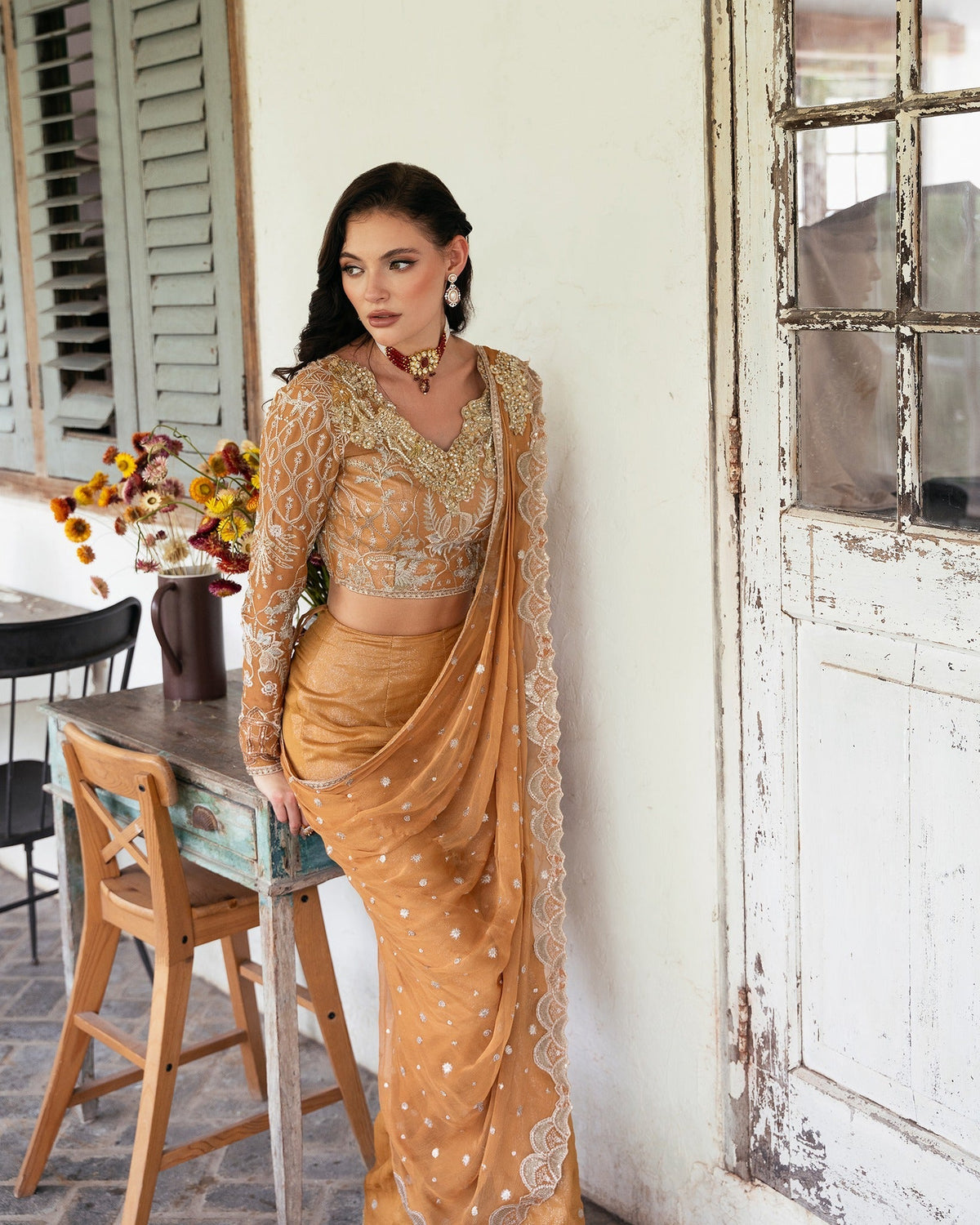 Mysie by Tahira | Eid Festive | AMNAAH-Brand:Mysie by Tahira-Type:Ladies Clothes-Mustard-Organza-House of Maryam- Buy in UK, USA