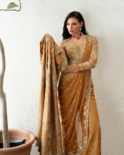 Mysie by Tahira | Eid Festive | AMNAAH-Brand:Mysie by Tahira-Type:Ladies Clothes-Mustard-Organza-House of Maryam- Buy in UK, USA