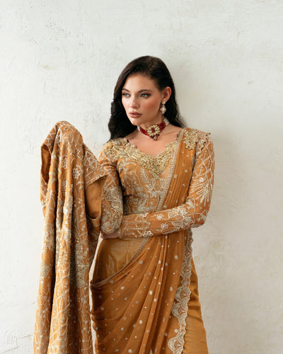 Mysie by Tahira | Eid Festive | AMNAAH-Brand:Mysie by Tahira-Type:Ladies Clothes-Mustard-Organza-House of Maryam- Buy in UK, USA