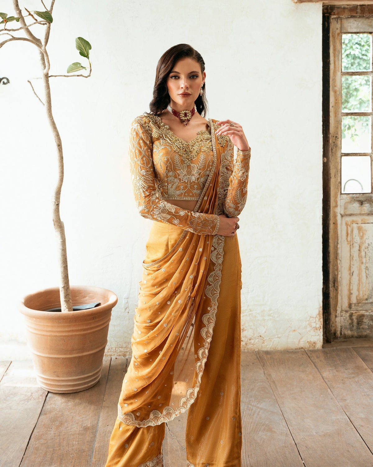 Mysie by Tahira | Eid Festive | AMNAAH-Brand:Mysie by Tahira-Type:Ladies Clothes-Mustard-Organza-House of Maryam- Buy in UK, USA